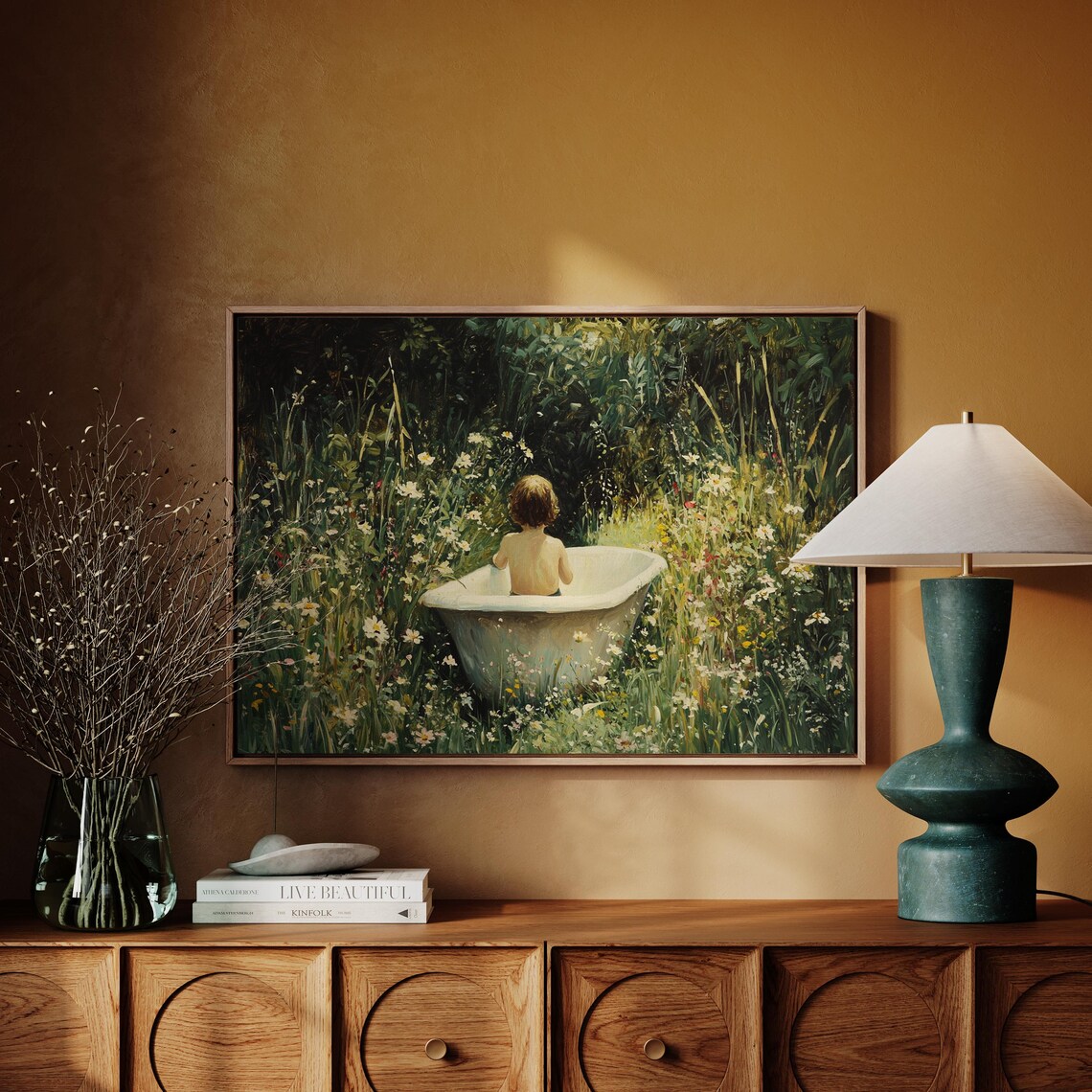 Child Bathtub Garden Wildflowers Whimsical Vintage Nature Art Poster - Image 3