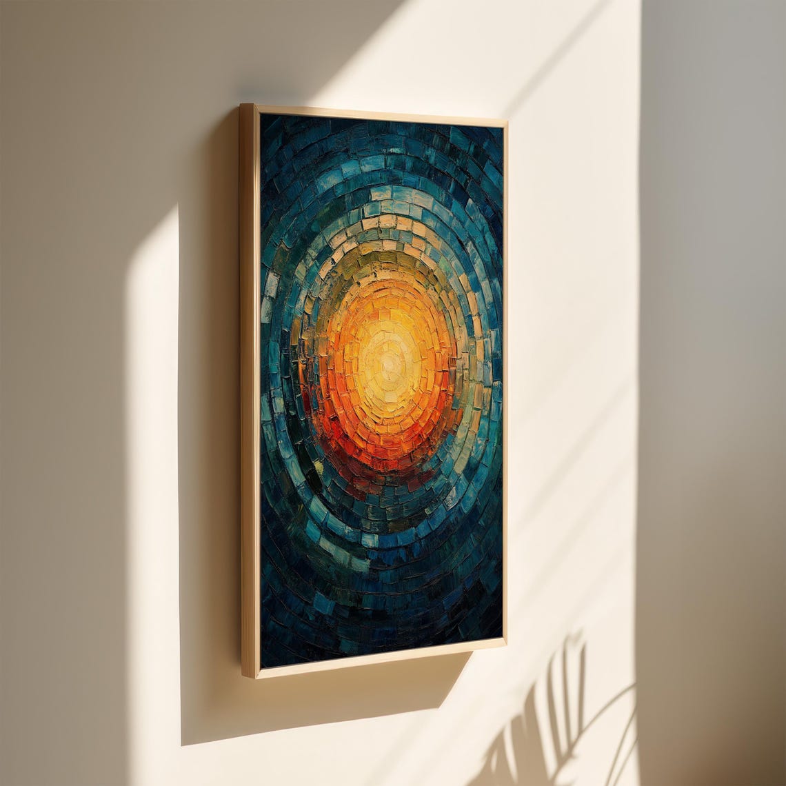 Vibrant Abstract Mosaic Warm Cool Tones Textured Geometric Wall Art Modern Sunburst Painting