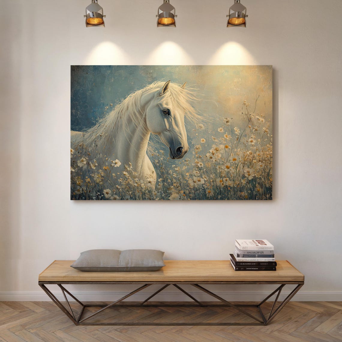 White Horse Daisy Meadow Portrait Elegant Equine Fine Art Print - Image 5