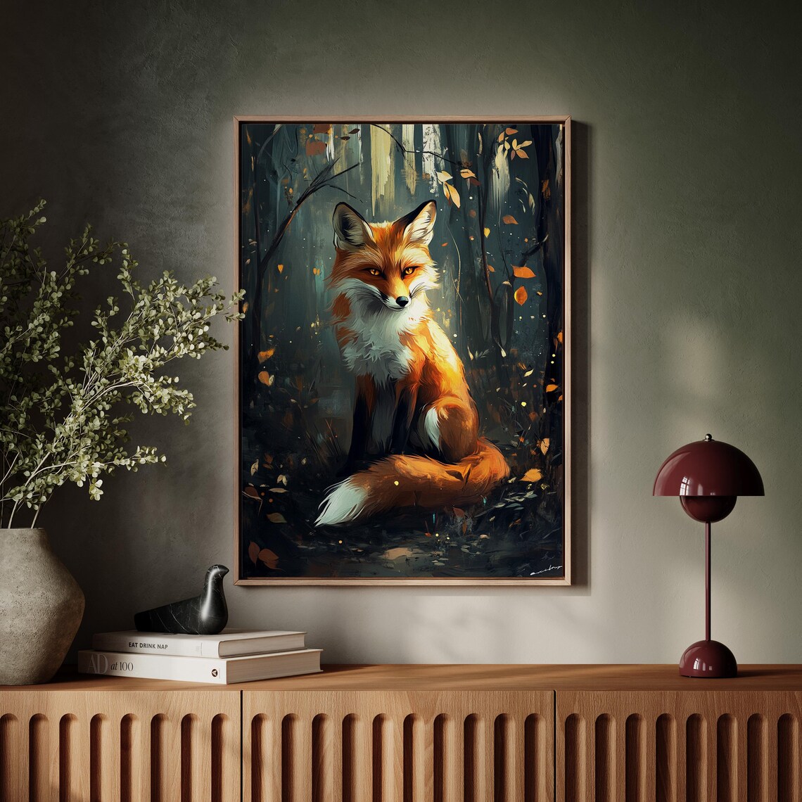 Red Fox Sitting in Dark Autumn Forest Golden Leaves Art Poster - Image 7
