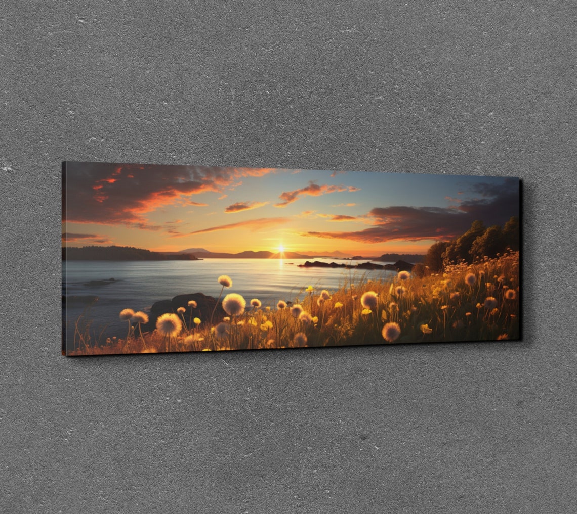 Dandelion Field Lake Sunset Golden Hour Panoramic Art Poster - Image 7