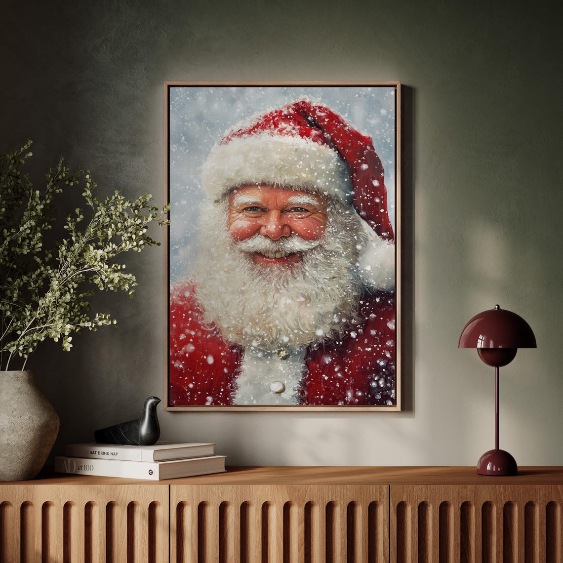 Rustic Santa Claus Portrait Smiling In Falling Snow Vintage Poster