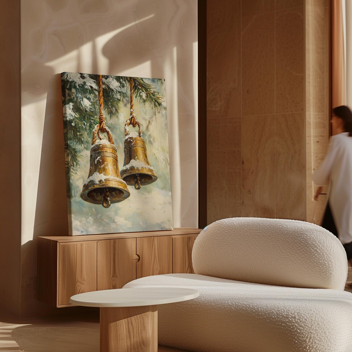 Golden Bells Hanging From Ropes Against Snowy Evergreens Art Print - Image 6