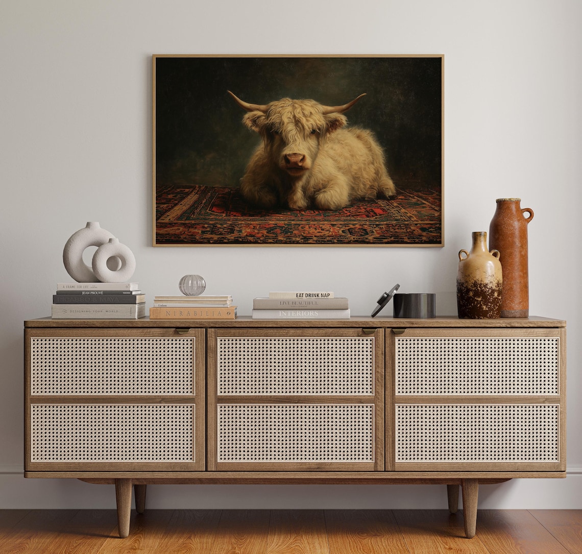 Highland Cow Portrait, Ornate Rug Art Print