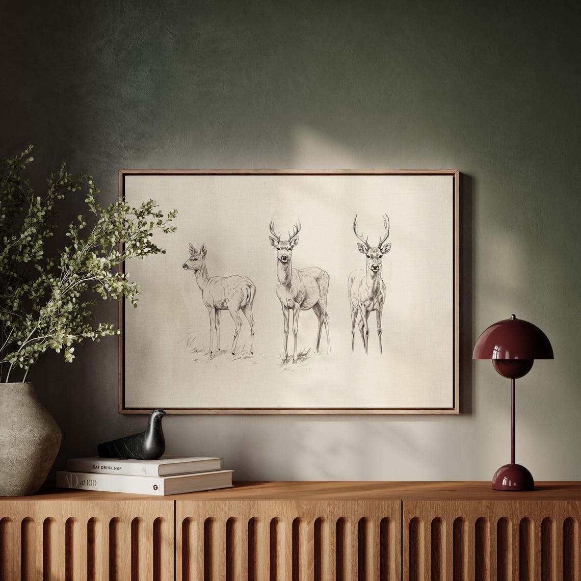 Minimalist Ink Sketch of Three Deer on Warm Linen Art Poster - Image 5
