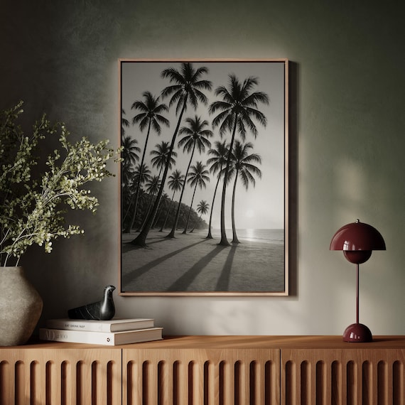 Palm Trees At Sunset Poster Black And White Tropical Beach Coastal Wall Decor