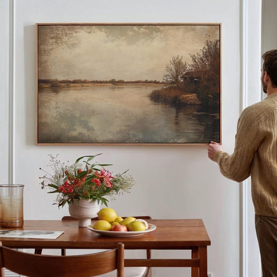 Vintage River Landscape Rustic Cabin By The Water Wall Art Serene Nature Painting Antique Style Countryside Decor