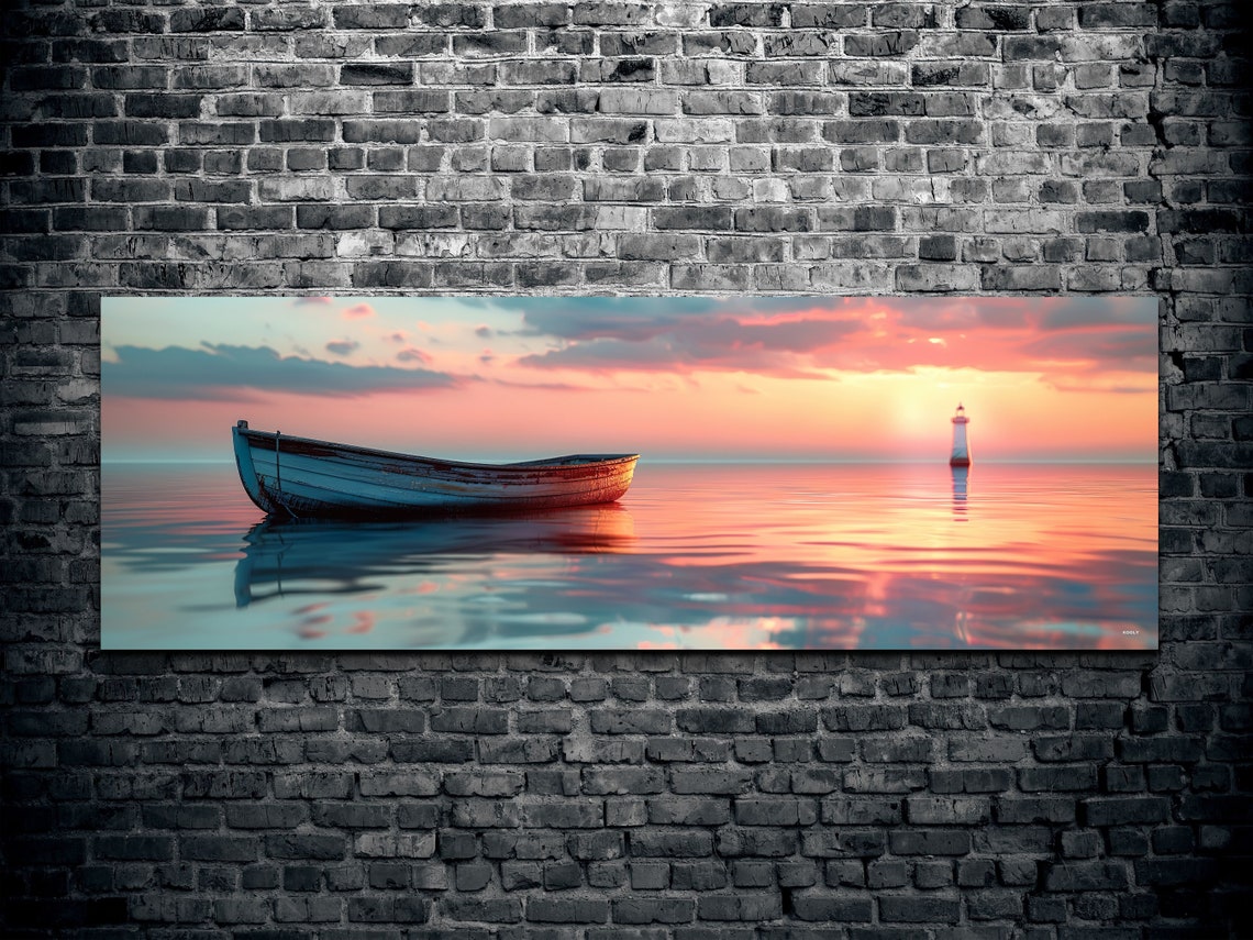 Rowboat Floating on Mirror Calm Sea at Pink Sunset Panoramic Poster - Image 2