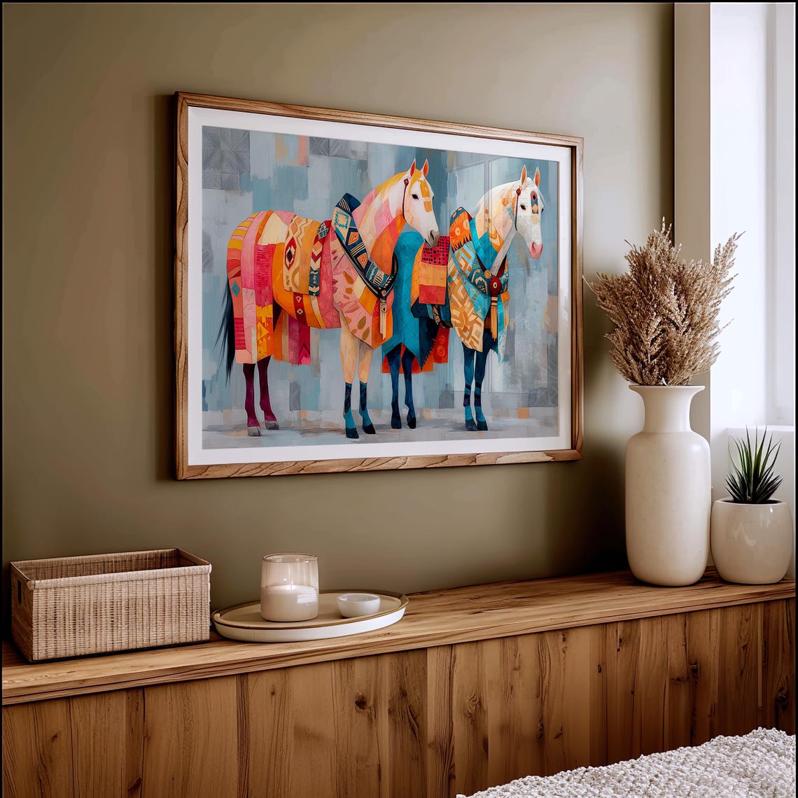 Colorful Patchwork Horses Tribal Blanket Southwestern Art Poster