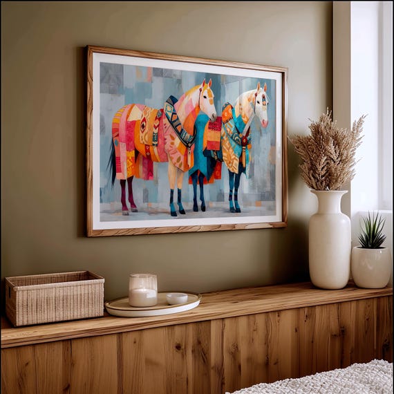 Colorful Southwestern Horses Canvas Vibrant Tribal Blanket Art