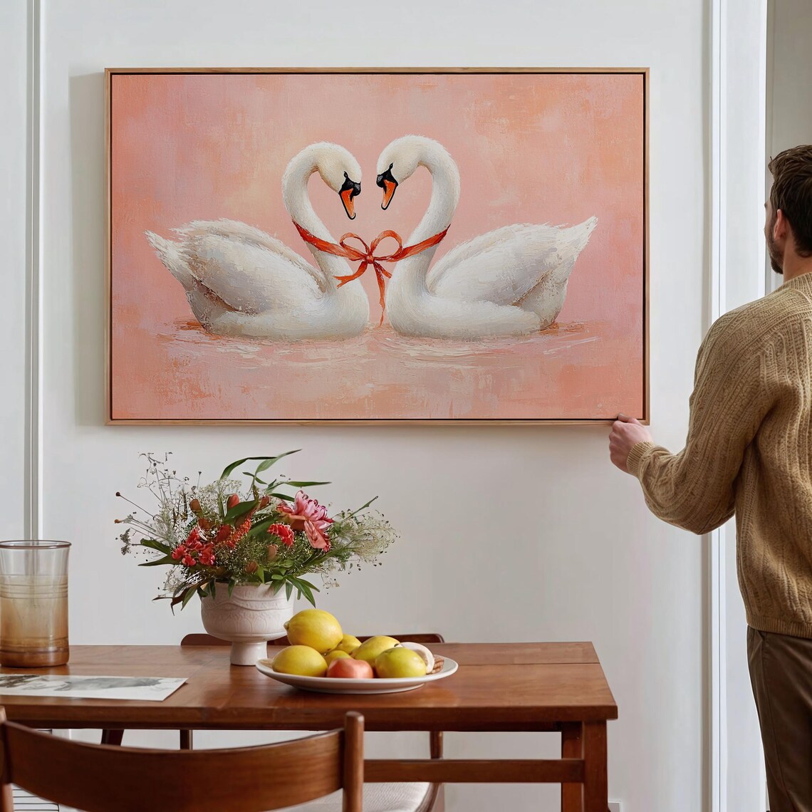 Swan Pair Heart Shape Red Ribbon Romantic Love Bird Painting Poster - Image 7