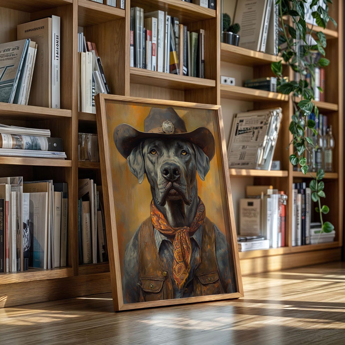 Great Dane Dog Cowboy Sheriff Portrait Hat Badge Orange Bandana Poster