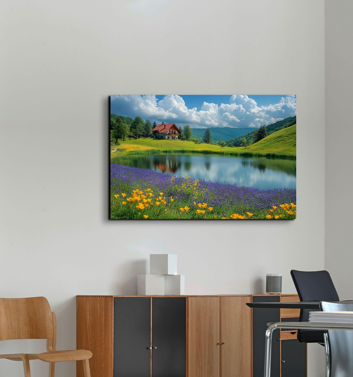 Wildflower Meadow Lake Cabin Mountain Spring Landscape Poster - Image 5
