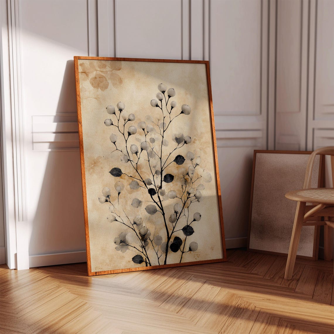 Vintage Sepia Botanical Art Aged Paper White Berry Branches Poster