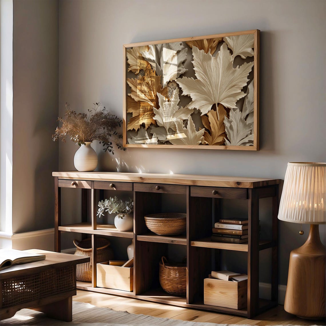 Neutral Leaf Botanical Textured Beige Brown Maple Leaf Art Poster