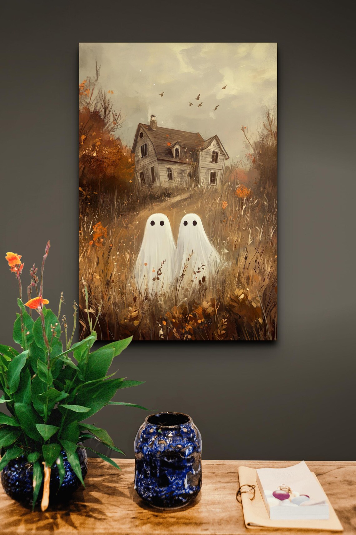 Two Ghost Friends Old House Golden Field Halloween Art Poster - Image 5