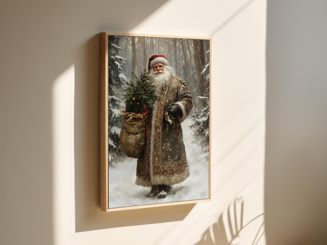 Vintage Santa Claus In Snowy Forest Rustic Christmas Wall Art - Image 3
