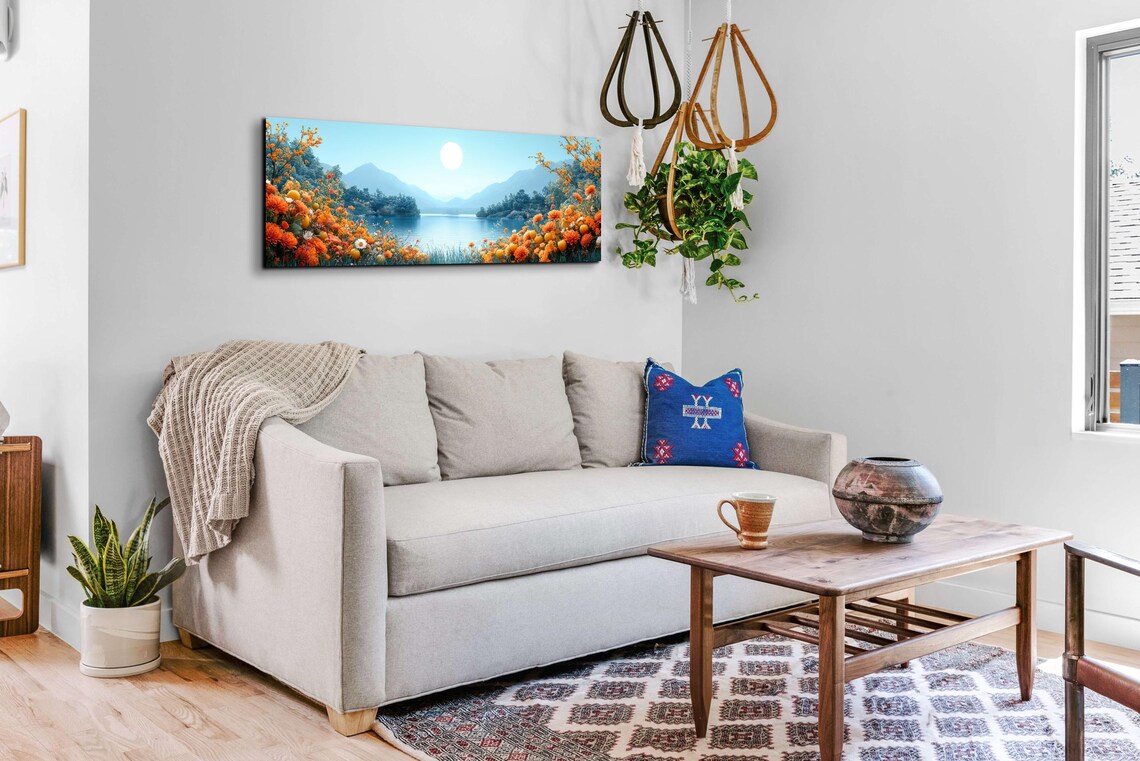 Panoramic Mountain Lake With Orange Wildflowers Under a Bright Sun Poster - Image 5