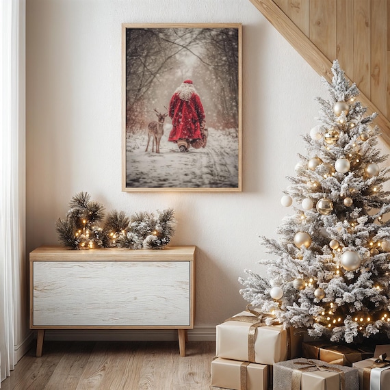 Santa Walking With Reindeer in Snowy Forest Art Print