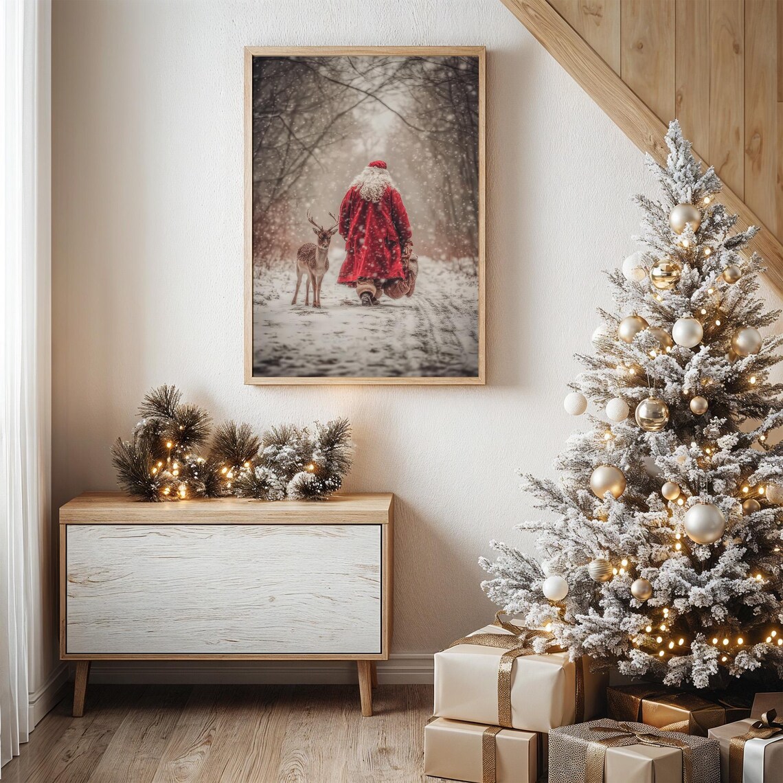 Santa Walking With Reindeer in Snowy Forest Art Print