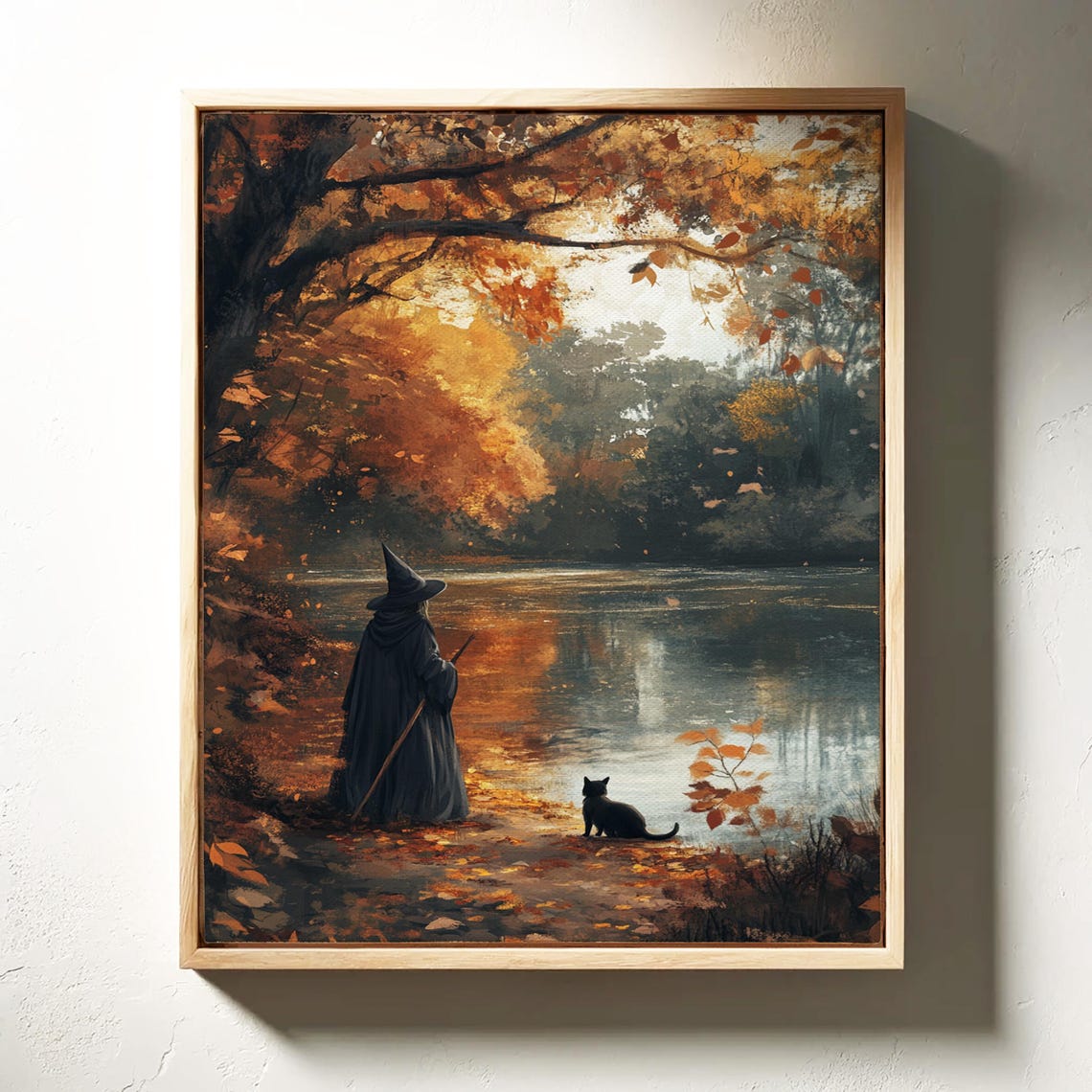 Witch And Black Cat By Autumn Lake Reflective Fall Forest Scene Poster - Image 3