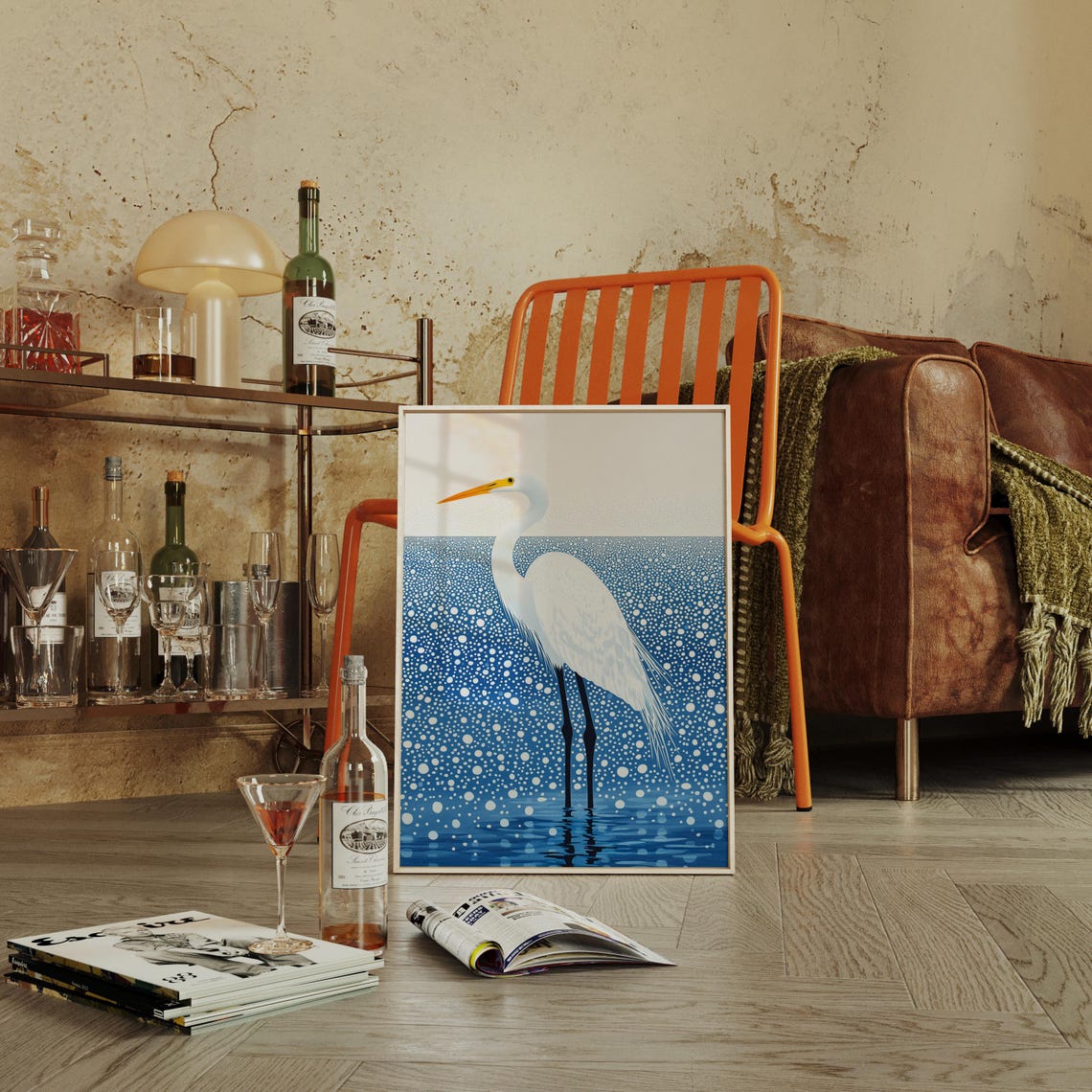 White Egret Standing in Sparkling Blue Water Bird Art Poster - Image 2