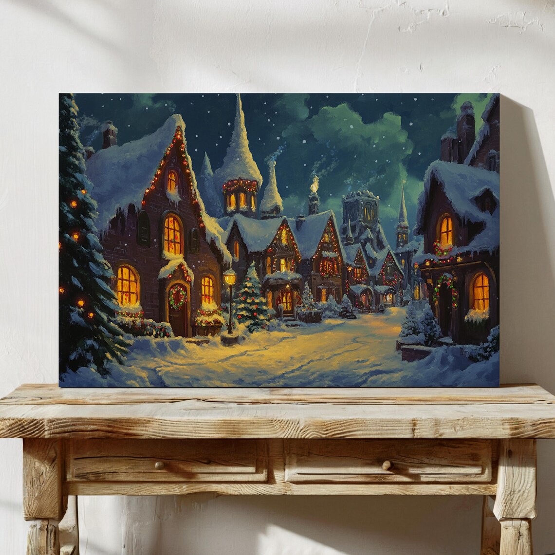 Christmas Village Street Poster Snowy Night Festive Lights Holiday Town Wall Decor