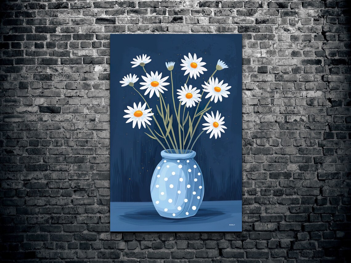 Chamomile Flowers In A Blue Vase, Minimalist Pop Art - Image 2
