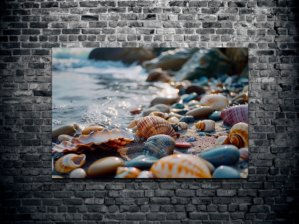 Seashells and Pebbles on Beach Shore with Waves Closeup Wall Art - Image 2