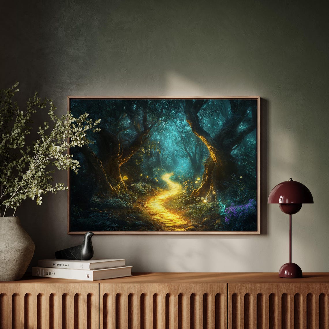 An Enchanted Forest Path With A Glowing Golden Light Trail Poster