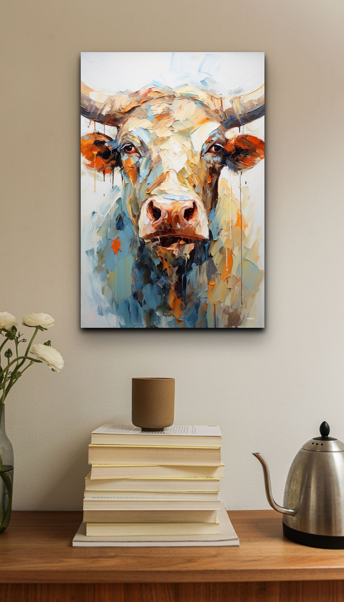Longhorn Steer Portrait In Expressive Orange And Teal Oil Poster - Image 6