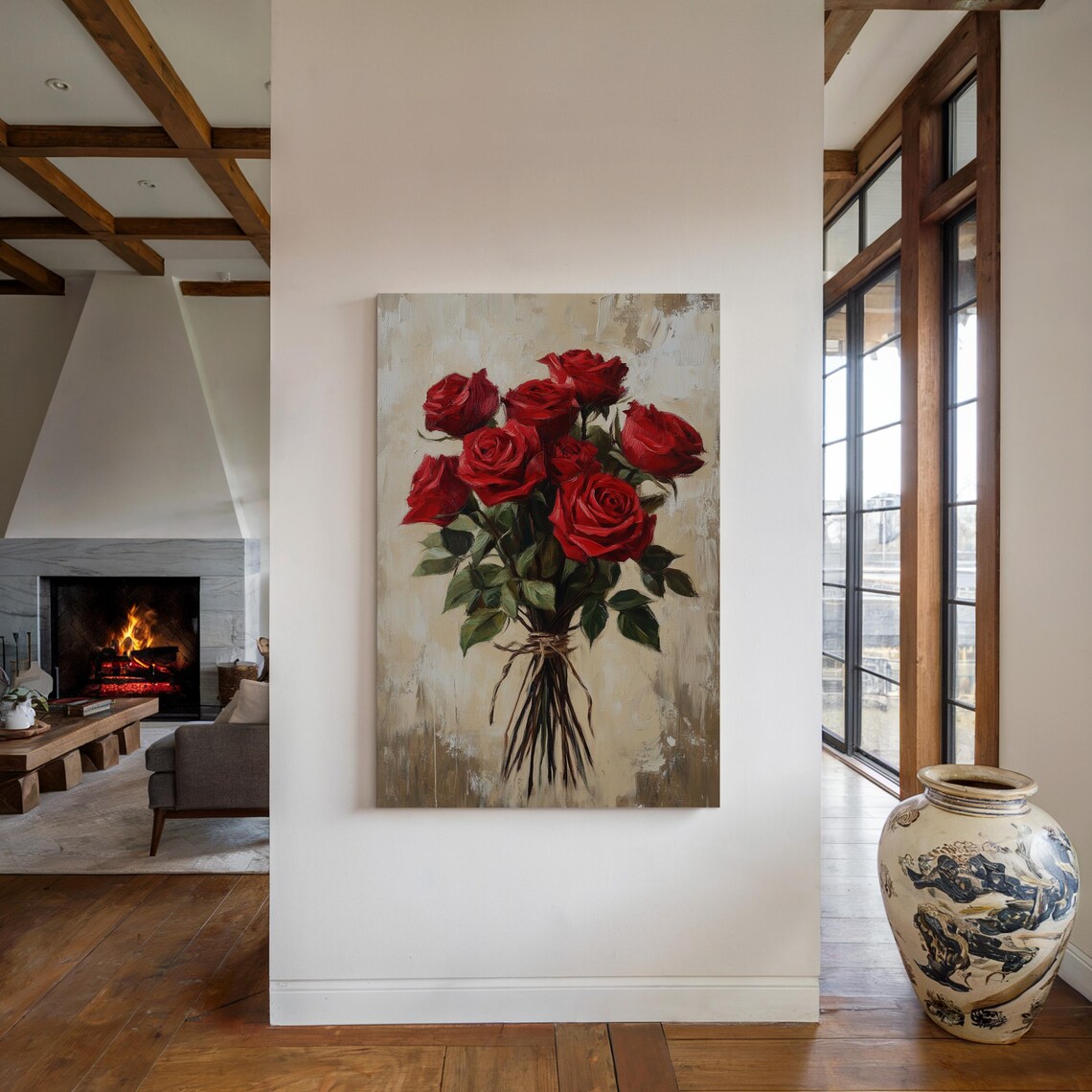 Red Roses Bouquet Oil Painting on Textured Beige Canvas Art Print - Image 6