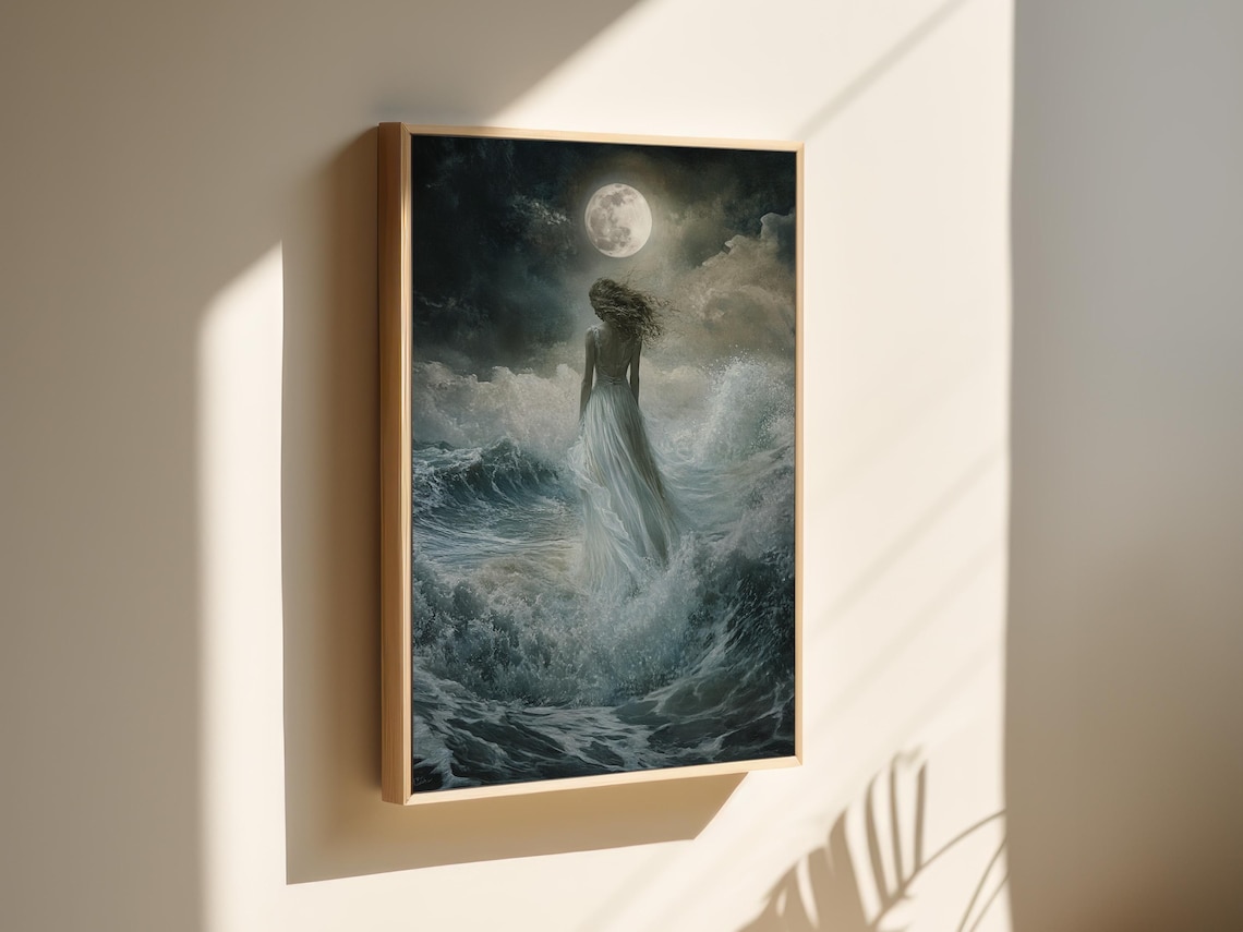 Moonlit Ocean Woman in White Dress, Coastal Art Print - Image 3