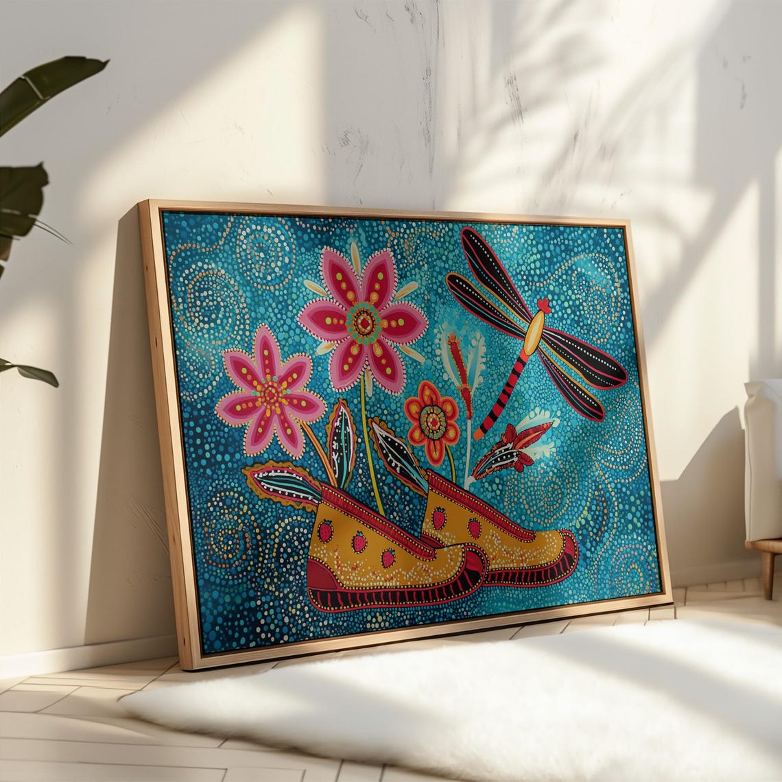 Floral Moccasins Dragonfly Dot Art Indigenous Style Teal Canvas Poster