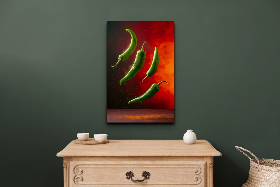 Flying Green Chili Peppers Against a Fiery Red Background Wall Art - Image 6