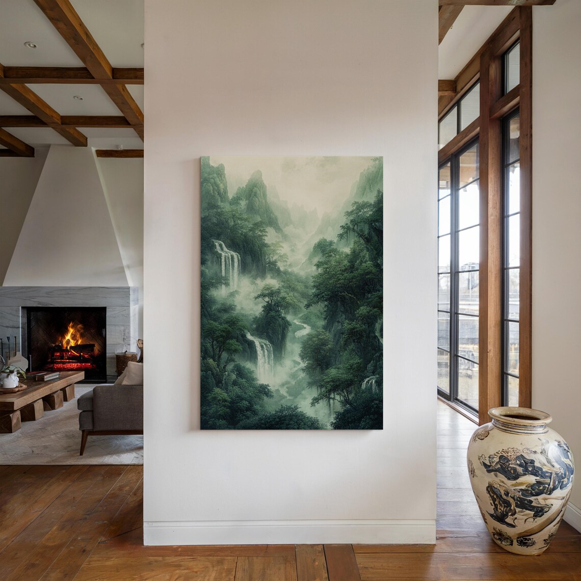 Green Valley Waterfalls Mist Chinese Ink Wash Lush Nature Poster - Image 4