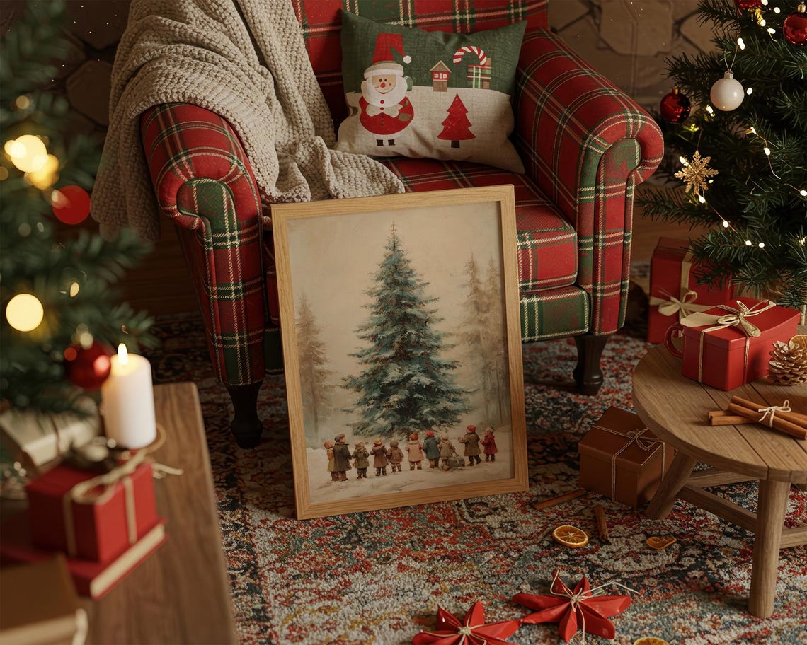 Vintage Children Gather Around Snowy Christmas Tree Art Poster
