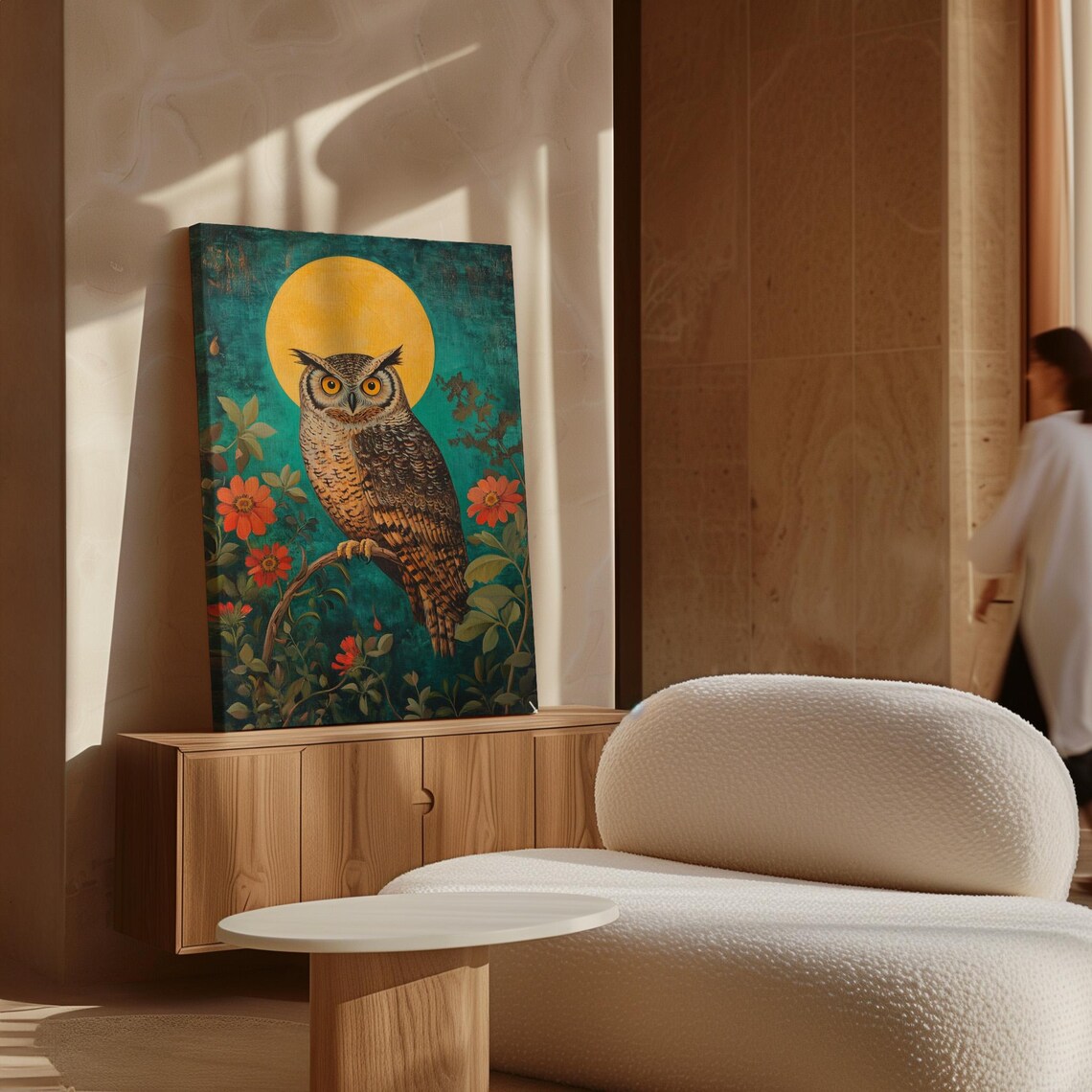 Golden Moonlit Owl Art Print, Vibrant Floral Decor - Image 6
