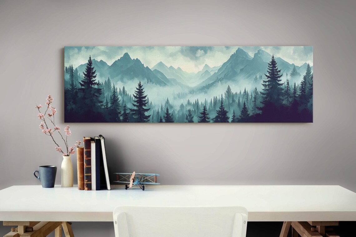 Misty Pine Forest Foggy Mountain Peaks Teal Wilderness Scenic Poster - Image 4