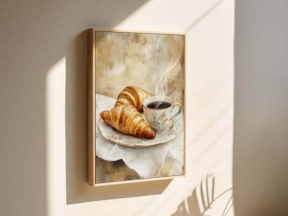 Elegant Breakfast Art Steaming Coffee Flaky Croissants In Vintage Style For Kitchen Or Cafe Wall Decor