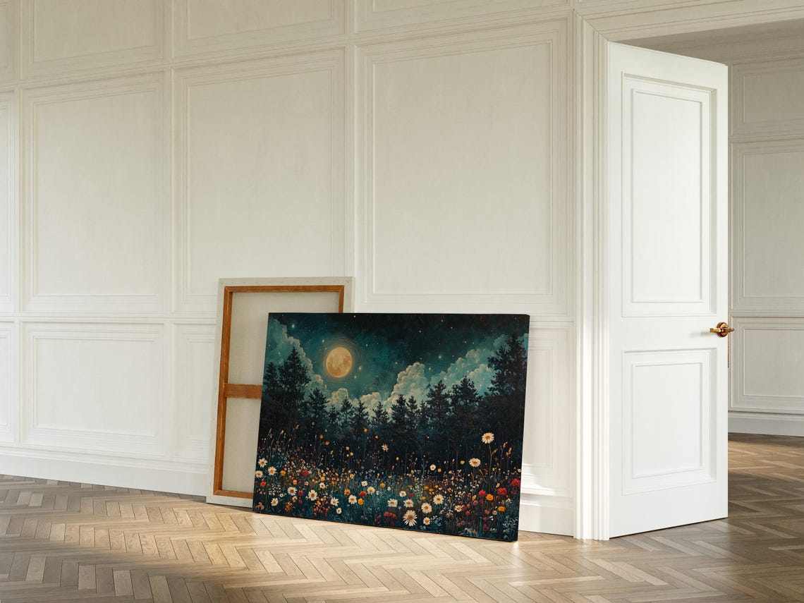 Full Moon Over Moonlit Forest And Wildflower Meadow Night Poster - Image 5