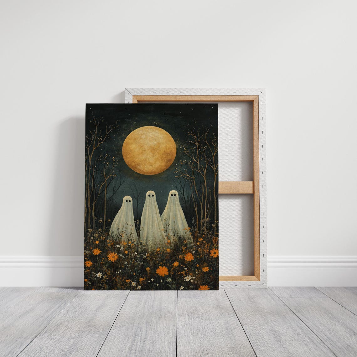Three White Ghosts Under Full Golden Moon Wildflower Night Wall Art - Image 2