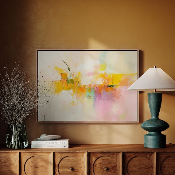 Abstract Pastel Art Soft Blends Of Yellow Pink And Orange For Modern Wall Decor Perfect For Brightening Home Or Office Spaces