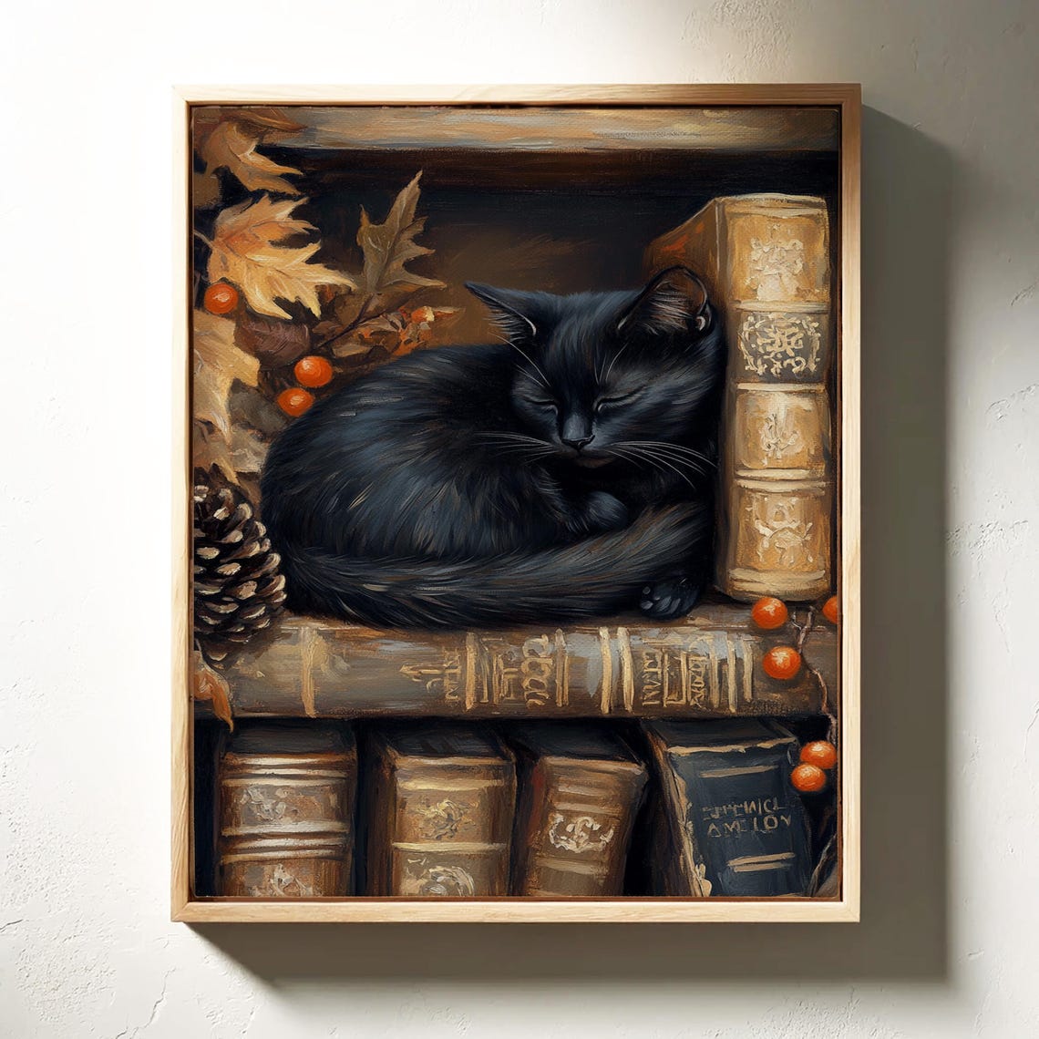 Black Cat Sleeping on Antique Books With Autumn Leaves Poster - Image 5