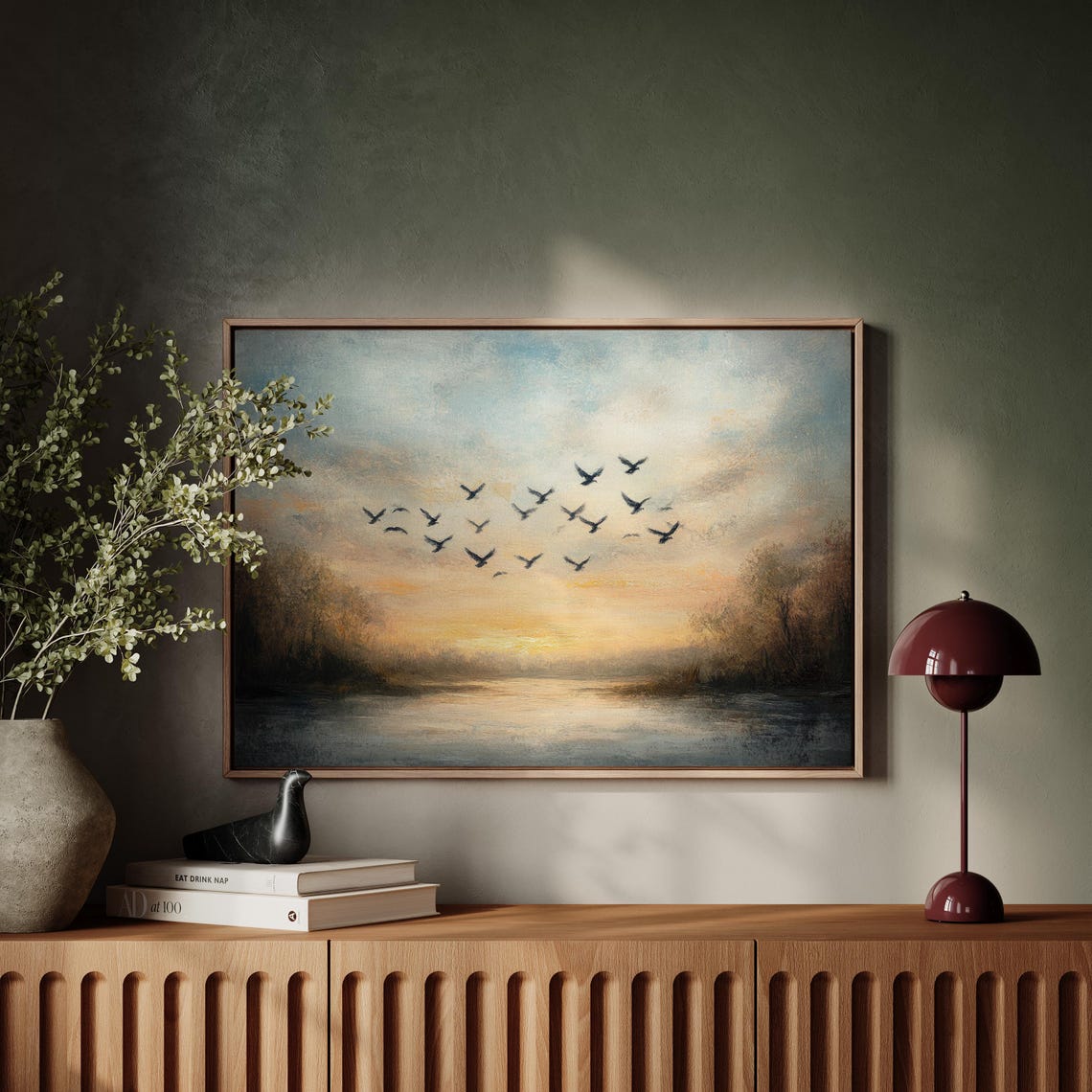 Sunset Birds Flock Over Lake Golden Sky Tranquil Wildlife Poster - Image 6