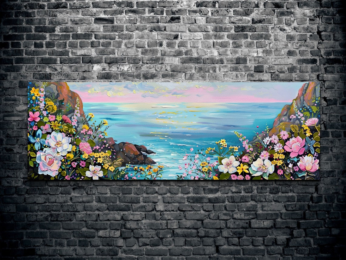 Ocean Cove Between Cliffs Framed by Spring Blossoms Panoramic Poster - Image 2