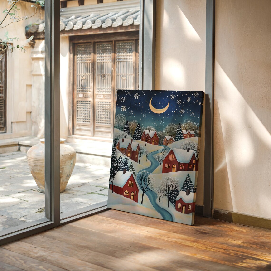 Cozy Snowy Village Winter Night Crescent Moon Starry Sky Poster - Image 6