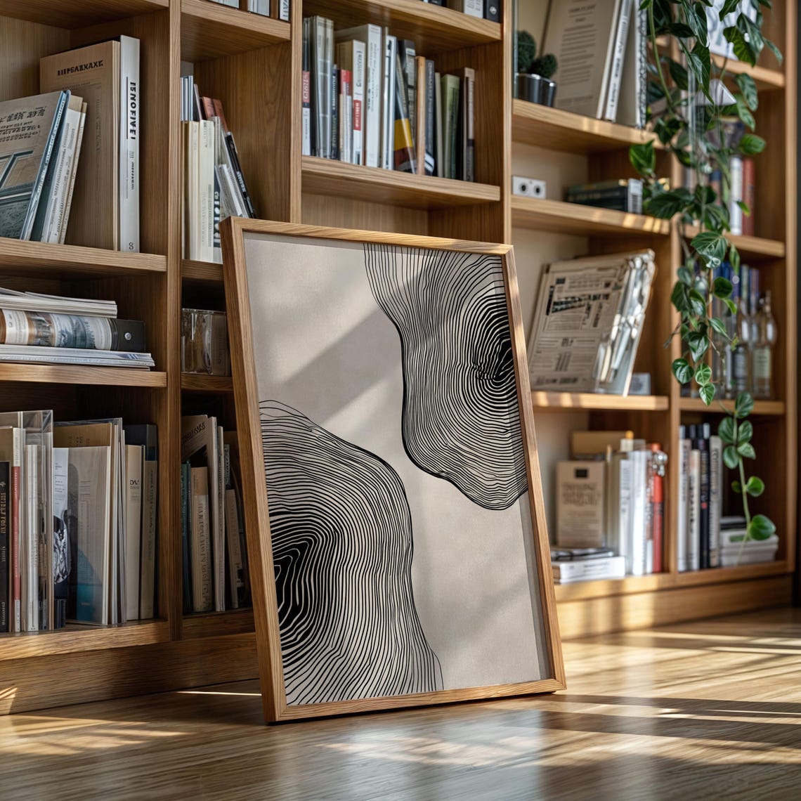 Minimal Line Abstract Art Organic Black Contours On Beige
