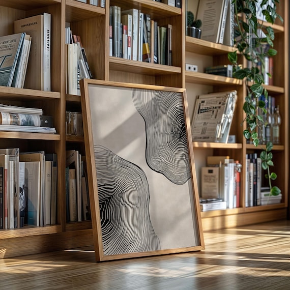 Minimal Line Abstract Art Organic Black Contours On Beige