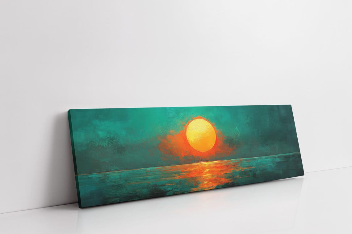 Bold Teal Abstract Sunset Ocean Large Orange Sun Modern Art Poster - Image 5